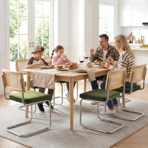 Image of Zesthouse Natural Rattan Dining Chairs Set of 6, Olive Green Modern Kitchen Chairs with Solid Wood Back & Chrome Base, Mid Century Breuer Design Inspired, Upholstered Luxurious Velvet Fabric