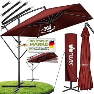 tillvex® Alu Sonnenschirm Rechteckig Ø 330 cm + Abdeckung mit Kurbel | Ampelschirm Aluminium Eckig mit Ständer & Windschutz | Gartenschirm UV-Schutz, wasserdicht, 360° drehbar