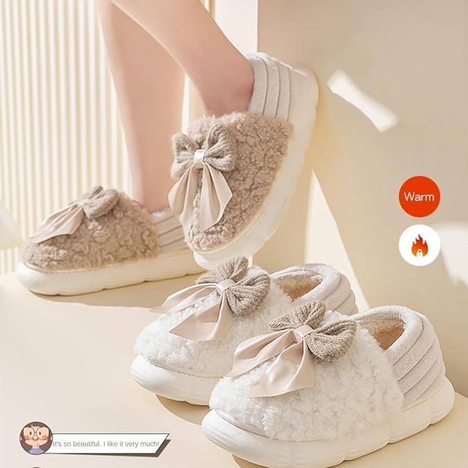 Fuzzy Bow Tie Slippers for Women Closed Back Fluffy House Shoes Winter Indoor Outdoor Slippers2