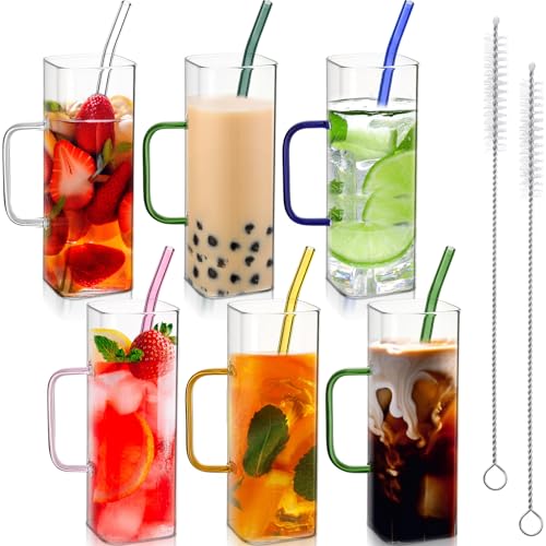 Gejoy 6 Pcs Square Glass Cups with Straws Thin Cute Cocktail Glasses Glassware Portable Ice Coffee Cups with Handle and Straw Brushes for Party Favor Housewarming Gifts(Colorful Handle, 16 oz) by Gejoy - Used condition - US$20.04