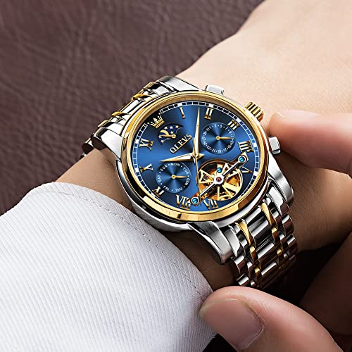 Olevs Dress Mens Watches, Watch Men Skeleton Self Winding Watches For Men Gold And Silver Stainless Steel Watch Blue Face Tourbillon Watch Wind Up Watch Sports Casual Sapphire Crystal Watch For Gifts #TOP1