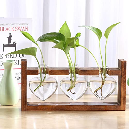 Glass Wood Vase Planter Terrarium Table Desktop Hydroponics Plant Bonsai Flower Pot Hanging Pots With Wooden Tray Triple Heart Design #TOP15