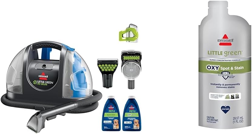 Bissell Little Green Pet Deluxe Portable Carpet Cleaner and Car/Auto Detailer, 3353 + NEW BISSELL Little Green Pro Oxy Spot & Stain Super Concentrate Cleaning Formula for Portable Deep Cleaners