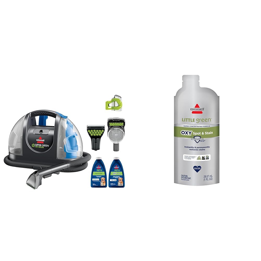 Bissell Little Green Pet Deluxe Portable Carpet Cleaner and Car/Auto Detailer, 3353 + NEW BISSELL Little Green Pro Oxy Spot &amp; Stain Super Concentrate Cleaning Formula for Portable Deep Cleaners
