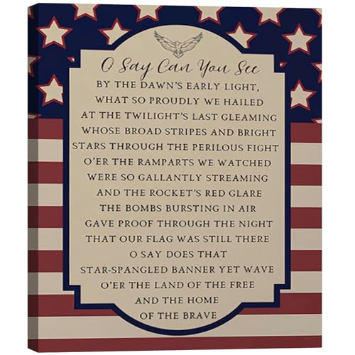 Image of Patriotic O Say Can You See Wall Decor 24x36 In, Star Spangled Banner National Anthem Canvas Art, 4th of July Independence Day Framed Prints for Home & Office, Made in USA