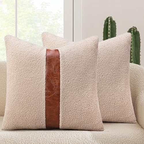 Teddy Boucle Decorative Throw Pillow Covers 18x18 Inch Faux Leather Striped Contrast Accent Fluffy Faux Fur Textured Sherpa Pillowcase Boho Farmhouse Decor For Couch Bed Living Room, Oatmeal 2PCS
