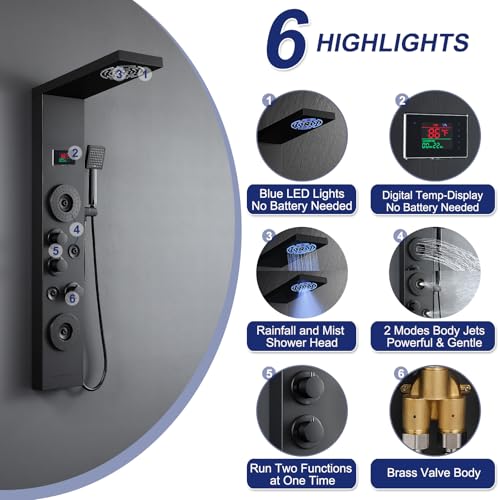 ROVATE LED Shower Panel Tower System with Rainfall Mist Shower Head, Matte Black 6-in-1 Shower Tower with Jets and Handheld and Digital Temperature Display, High Pressure Shower Column with Tub Spout