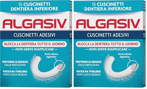 Algasiv Cuscinetti Adesivi per Dentiera Inferiore, Dura tutto il Giorno, Tenuta 20 Volte più Forte, 15 Pezzi (Confezione da 2)