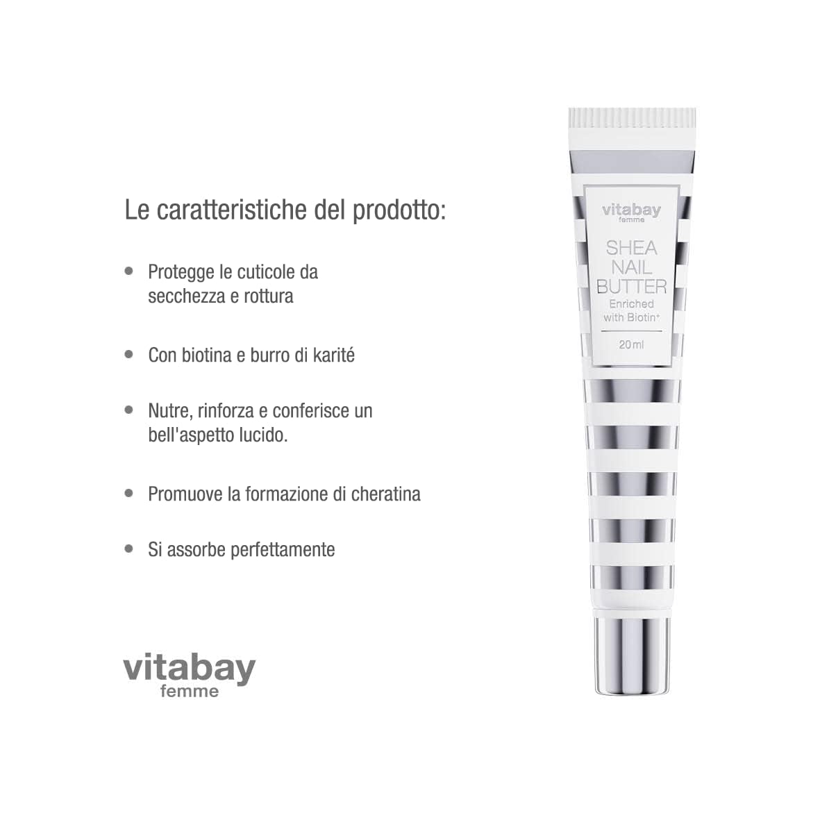 vitabay Shea Nail Butter, crema per unghie con biotina/vitamina H e burro di karitè contro unghie fragili e cuticole secche e screpolate, Burro Di Karité Per Le Unghie, 20 ml (confezione da 1)