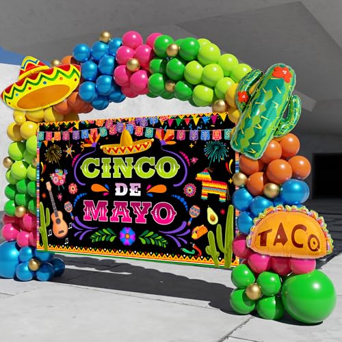 Cinco De Mayo Decorations 148PCS Fiesta Party Decorations Fiesta Balloon Arch Kit with Large Backdrop Taco Cactus Sombrero Foil Balloons Mexican Party Decorations