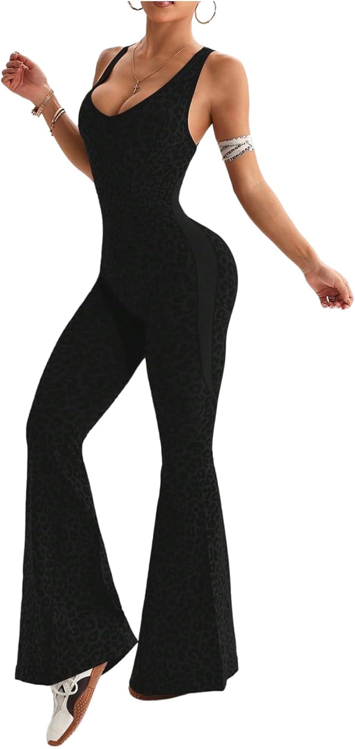 Verdusa Women's Cheetah Print Yoga Jumpsuit Criss Cross Backless Sleeveless Workout Clothes Flared Pants Rompers