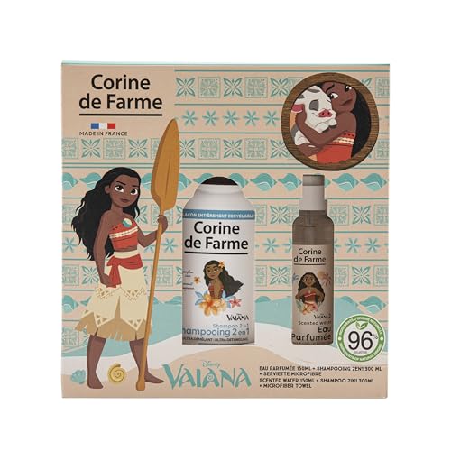 Corine de Farme - Coffret Vaiana : Eau Parfumée 150ml + Shampooing 2en1 300ml + Serviette Microfibre - Parfum Coco, 96% Naturel, Démêlant, Nourrit Cheveux Secs