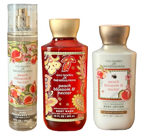 Bath and Body Works Peach Blossom and Nectar 3 Piece Body Care Set - Mist, Shower Gel, and Body Lotion - Full Size