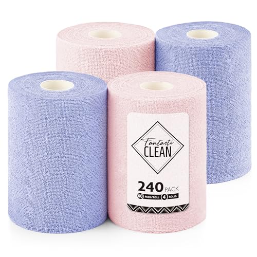 Fantasticlean Microfiber Cleaning Cloth Roll 4 Rolls 240 Pack, Tear Away Paperless Towels, 8" x 8", Reusable Washable Rags, House Kitchen, Pet, Office