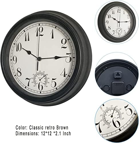 Large Outdoor Indoor Clock, 12 Inch Waterproof Wall Clock with Thermometer, Weather-Resistant Non-Ticking Battery Operated Vintage Decor Clock for Patio, Pool, Lanai, Fence, Porch,Garden,Bathroom,Gift