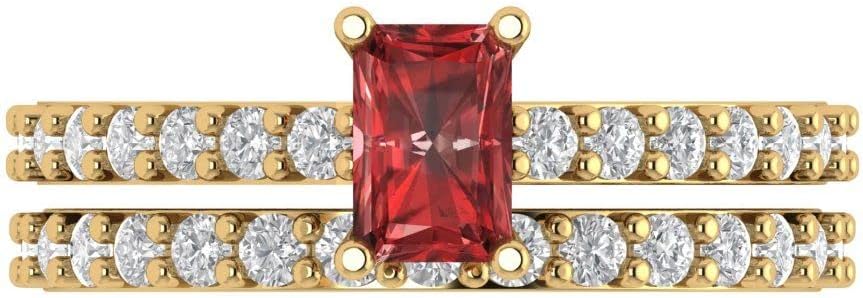 Clara Pucci Garnet Solitaire with Accents 14K Yellow Gold Ring & Zirconia Stacking Band Anniversary Set (1.325 cttw, 6x4mm, Emerald Cut)