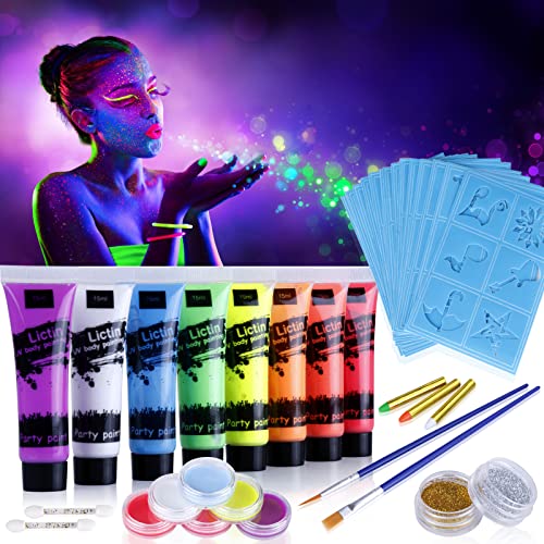 Lictin 8 x Peinture Corporelle-Kit de Peinture fluorescente UV Non Toxique Neon Avec 6*5,5g de face painting palette, 2*poudre flash, 3*crayons fluorescents, 4*pinceaux pour Halloween, Fête et Noël