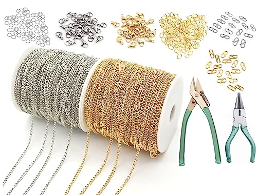 Image of CRAFTS HAVELI Jewelry Making DIY Necklace & Bracelet Supplies - 10 Mtr Silver & Golden Link Chains, Jump Rings, Lobster Clasps, Cutter, Silver & Golden Nose Pliers, S Hook - Complete Crafting Kit