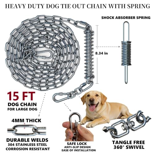 Image of Heavy Duty Dog Tie Out Chain with Spring for Large Dogs, Stainless Steel 4MM 200LBS Chew Proof Shock Absorbing Dog Lead Cable for Yard Outside, No Tangle(1 Spring+Chain /15ft)