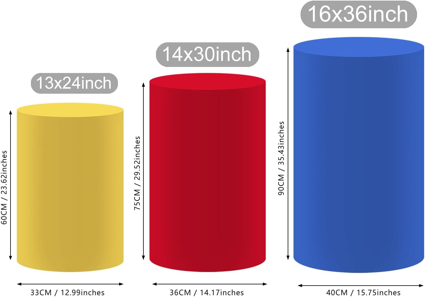 NIVIUS PHOTO Blue Red Yellow Cylinder Display Pedestal Covers, Set of 3, Spandex Tablecloth for Birthday Baby Shower Party Supplies,Elastic and Washable (NO-255-ABC,Large-Set of 3) image 2
