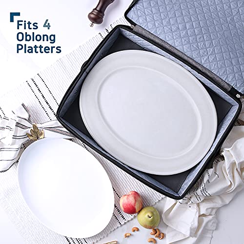 Image of Hearth & Harbor Platter Storage Cases, China Storage Containers, Grey | Hard Shell, Quilted Dish Storage with Felt Dividers, Handles and Lid for Moving, Seasonal Organization, Service of 12