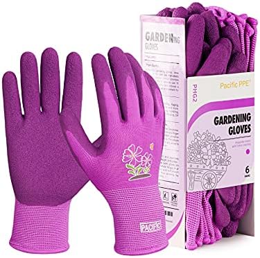 PACIFIC PPE 6 Pairs Gardening Gloves for women, Latex Coated Garden Gloves, Breathable, Medium Size fits Most, Purple