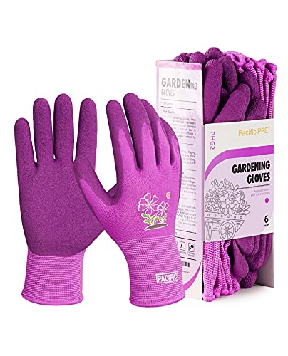 Pacific Ppe 6 Pairs Gardening Gloves For Women, Latex Coated Garden Gloves, Breathable, Medium Size Fits Most, Purple #TOP5