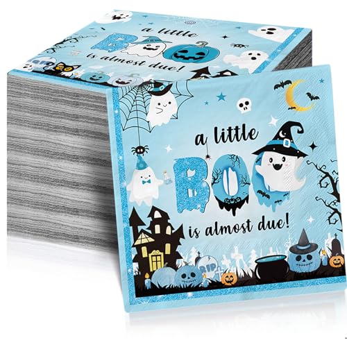 48Pcs A Little Boo Is Almost Due Baby Shower Boy Halloween Napkins Little Boo Baby Shower Decorations Boy for Blue Halloween Baby Shower Decorations Boy