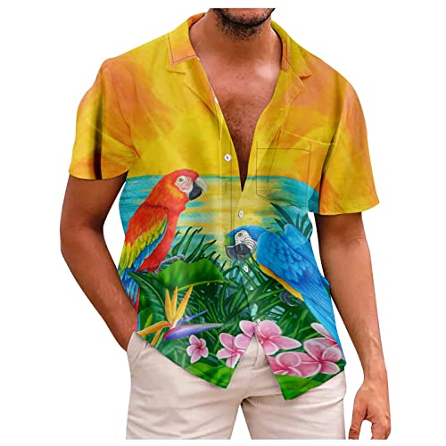 Mens Hawaiian Shirts Short Sleeve, Party Shirt Men Short Sleeve Summer Oversized Hawaiian Scoop Neck Shirt Fit Cool Button Up Polyester Floral Tees Men Yellow #TOP1