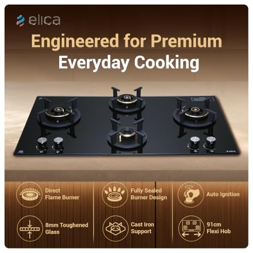 Image of Elica 90 cm 4 Burner Auto Ignition Hob | RG FLEXI DFS AB 4B 91 TX | 8 mm Toughened Glass, Direct Vertical Flame Brass Burners, Fully Sealed Burner Design, 2 Year Comprehensive Warranty