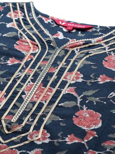 Image of Varanga Women Blue Floral Printed Kurta with V-Neck, Three Quarter Sleeves