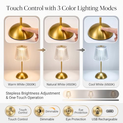 Image of Cordless LED Table Lamp with Touch Control | 3-Level Dimmable Light | Crystal Acrylic | Portable USB Charging Metal Bedside Desk Lamp for Bedroom, Living Room, Office & Home Decor (Golden)
