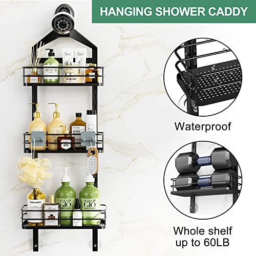 Thideewiz 3 Tier Hanging Shower Caddy Over Shower Head, Anti-Swing Black Adjustable Rustproof Shower Organizer With Hooks, Metal #TOP3