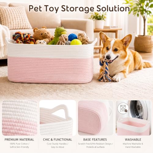 Image of OIASKET Large Empty Cotton Rope Gift Basket with Handles, 16.5 inchx12.6 inchx7 inch Decorative Woven Storage Basket with Gift Bag and Ribbon Set for Baby Shower, Toy Organizer for Kids, Dogs & Cats - Pink&White