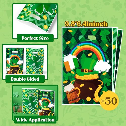 50 Pcs St. Patrick's Day Gift Bags Double-Sided Green Shamrock Lucky Clover Plastic Goodie Treat Bags with Handles for Irish Holiday Party Gift Wrapping Supplies Classroom Party Favors Decorations