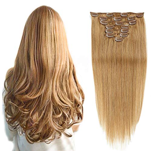 Clip in 100% Remy Human Hair Extensions Full Head 14 inch 100G Strawberry Blonde 8 Pcs Natural Human Hair Clip in Extensions Double Weft Long Straight for Women