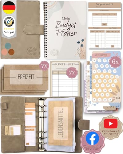 BeginnerBudget® Budget Planner Deutsch - Starterset mit Sparchallenge + Budgetplaner (144 Seiten) - Sparen mit Umschlagmethode + Anleitung Ringbuch, Binder A6 Wildleder, vegan (Grau)