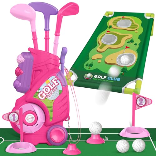 Liberry Toddler Golf Set for 2 3 4 Years Old Girls Boys, Upgraded Kids Golf Cart with Golf Cornhole Board & Putting Mat, Indoor and Outdoor Golf Toys Birthday Gift, Pink by Liberry - Used condition - US$31.58