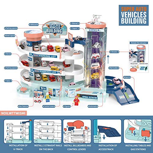 Car Parking Garage Toys, Garage Building Toy Set with Sound and Light, Car Track Parking Playsets with Ramp Elevator, for 3 4 5 6 Years Old Toddlers Kids Boys and Girls, 4 Small Cars 1 Plane