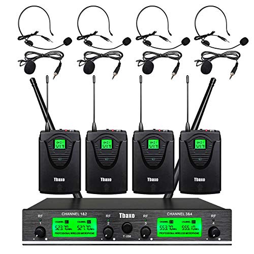 Tbaxo Wireless Microphone System Pro UHF 4 Channel 4 Headset & Lavalier Lapel Mic 4 Bodypacks Dynamic Mics with New FCC Frequency for Conference Meeting Speech Karaoke Party Wedding Church