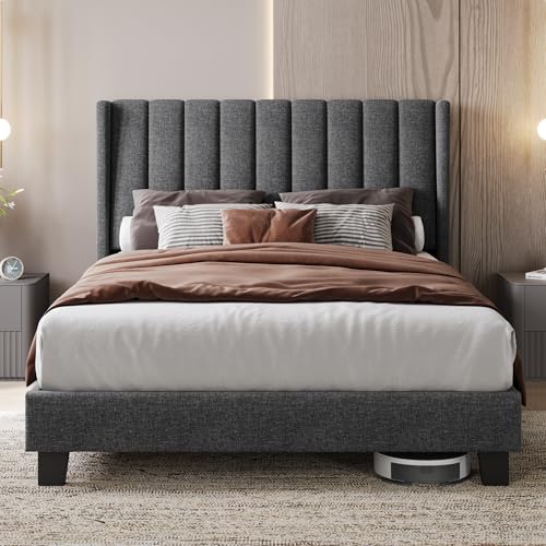 Yaheetech Cama Doble Tapizada 140 x 200cm con Somier de Lamas con Cabecero Rayado Moderno Estructura de Madera y Metal Marco de Cama para Adultos 2 Personas Gris Oscuro