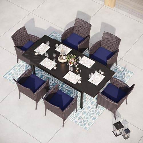 Image of MFSTUDIO Patio Wicker Chair Sets of 6, Outdoor Patio Rattan Sofa Dining Chairs Set of 6 with Navy Removable Cushions, Armrests and Metal Frame, 330lbs, Backyard, Porch