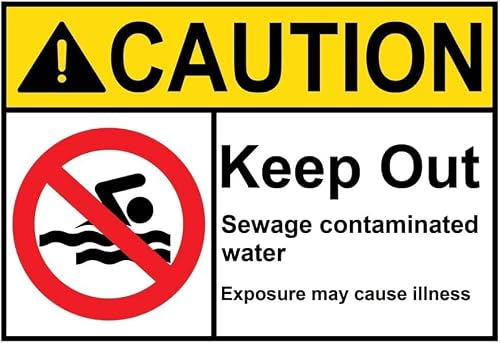 Caution Keep Out Sewage Contaminated Water Rust Free Aluminum Tin Sign - Warning Decor with Pre-Drilled Holes for Indoor-Outdoor Sewer Repair Zone, Wastewater Area - 8x12 Inch​