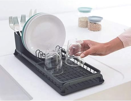 Brabantia Compact Dish Drying Draining Rack (Dark Gray) Plastic Easy-Clean Drip Tray & Removable Cutlery Basket