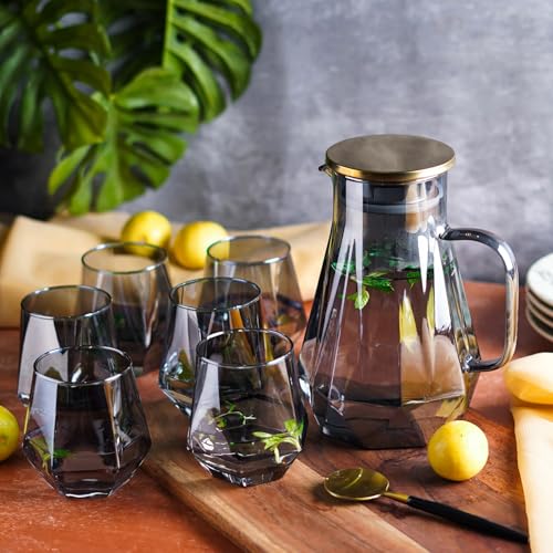 Image of Premium Black Water and Juice Glasses Set of 6 350ML and 1.5 Liter Water Jug 1 Piece,Transparent Glass and Jug Set for Dining Table,Party,Gift Set,All pourpse use (7 Piece) (MT-15)