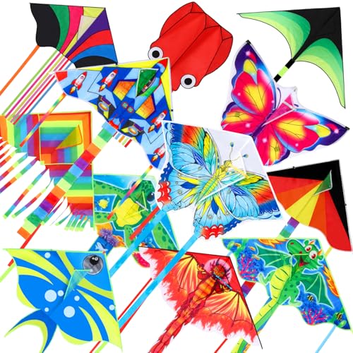 Vertintong 12 Pcs Large Kite for Kids Adults Long Tail Kite for Kids Age 4-8-12 with 328 ft Spool Easy to Fly Toy for Beach Outdoor Activities Gift(Delta Butterfly Dragon Rocket Fish Octopus Turtle)