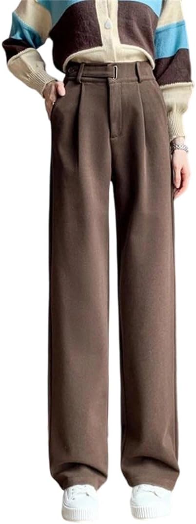 Women's Solid Elastic-Waisted Soft, Thickened, Warm Winter Wool Straight-Leg Pants