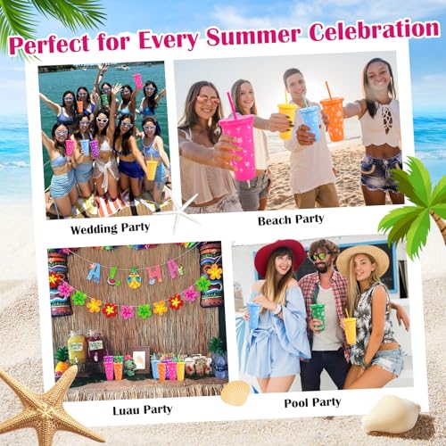 image for VISTARAFT 30PCS 24oz Tropical Party Cups with Lids and Straws – 6 Co