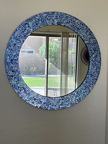 Decorshore 24" Sapphire And Silver, Handmade Wall Mirror, Decorative Glass Mosaic, Mosaic Wall Mirror, Mosaic Round Mirror (Dark Blue) #TOP4