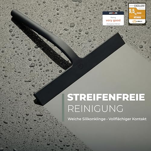 GÜTEWERK Duschabzieher Set mit Halter - schwarz 23 cm breit - ohne Bohren Silikon Abzieher Dusche Badezimmer Fenster Fensterabzieher Edelstahl Kern Scheibenabzieher mit Saugnapf Halterung Badabzieher